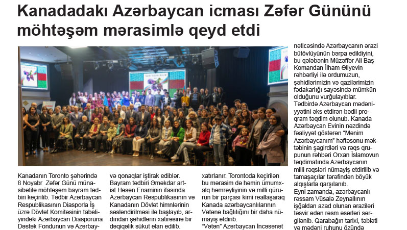 Kanadadakı Azərbaycan icması Zəfər Gününü möhtəşəm mərasimlə qeyd etdi
