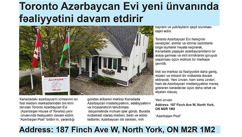 Toronto Azərbaycan Evi yeni ünvanında fəaliyyətini davam etdirir
