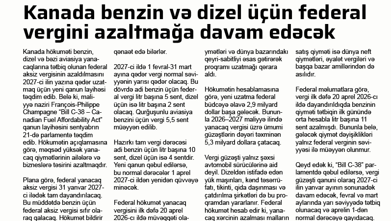 Kanada benzin və dizel üçün federal vergini azaltmağa davam edəcək