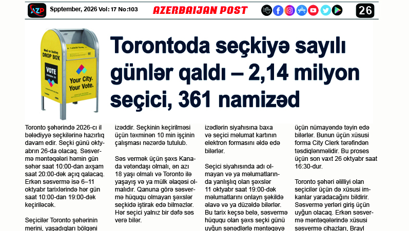 Torontoda seçkiyə sayılı günlər qaldı – 2,14 milyon seçici, 361 namizəd